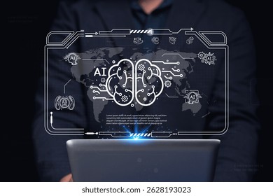 A person interacts with a digital interface showcasing AI and global data visualization.