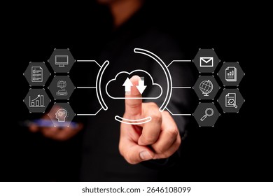 A person interacts with a digital interface showcasing cloud storage and technology icons symbolizing data transfer and connectivity. - Powered by Shutterstock - Get 15% off with code: PIKWIZARD15