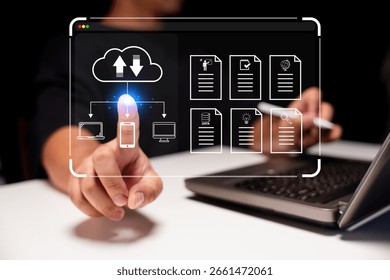 A person interacts with a digital interface, showcasing cloud storage, file management, and data transfer visually represented on a screen.