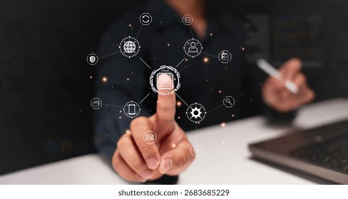A person interacts with a digital interface, showcasing various connected icons representing technology and data communication. - Powered by Shutterstock - Get 15% off with code: PIKWIZARD15