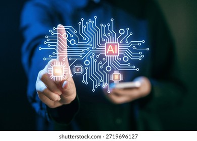 A person interacts with a digital interface showcasing various elements of artificial intelligence. The setting is a modern workspace, emphasizing technology's role in daily life.