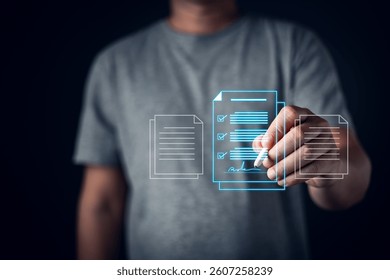 A person interacts with a digital interface, signing a glowing holographic document with checkboxes.The futuristic concept symbolizes e-signatures, online contracts, and digital paperwork.