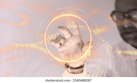 A person interacts with a digital interface, touching a glowing circle. The futuristic design highlights technology and innovation in a digital context. Futuristic technology, man presenting.