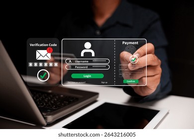 A person interacts with a digital login and payment interface using biometric fingerprint scanning on a transparent screen.