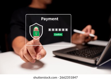 A person interacts with a digital payment interface, featuring a secure lock icon, indicating a transaction on a laptop. - Powered by Shutterstock - Get 15% off with code: PIKWIZARD15