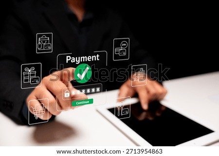 A person interacts with a digital payment interface, showcasing a transaction process with various icons and a confirmation checkmark.