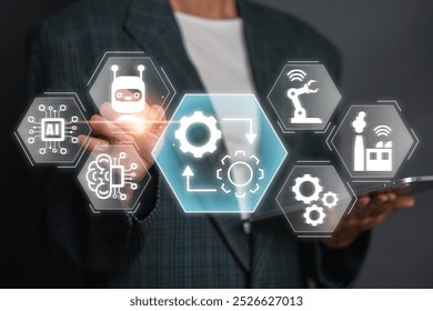 A person interacts with a digital twin interface, showcasing industrial and technological icons representing modern innovation and smart manufacturing. - Powered by Shutterstock