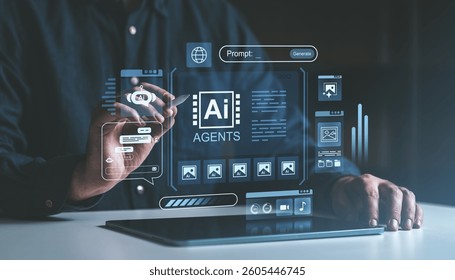 A person interacts with a futuristic AI agent interface featuring holographic digital elements, icons, and prompts, symbolizing advanced technology and automation