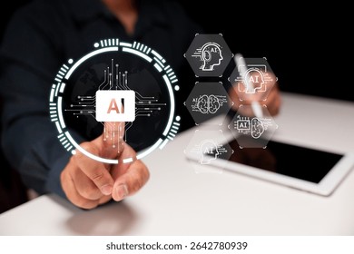 A person interacts with a futuristic AI interface, highlighting artificial intelligence concepts through holographic digital icons and circuits. - Powered by Shutterstock - Get 15% off with code: PIKWIZARD15
