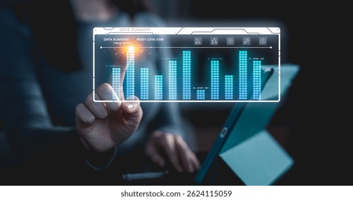 A person interacts with a futuristic digital data analysis interface displaying bar graphs on a transparent screen.