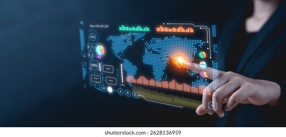 A person interacts with a futuristic digital interface displaying global data visualizations and analytics.