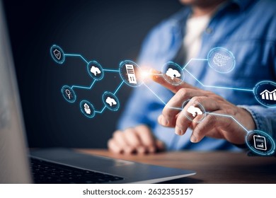 person interacts with a futuristic digital interface displaying interconnected cloud computing and data network icons, symbolizing technology integration, cybersecurity, and AI driven cloud services.