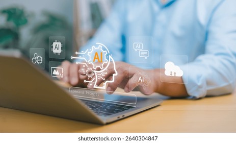 A person interacts with a futuristic digital interface on a laptop, featuring an AI brain icon, representing artificial intelligence integration and smart solutions in modern business.