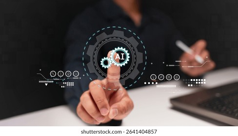 A person interacts with a futuristic digital interface featuring AI and gear icons, symbolizing technology and artificial intelligence innovation.