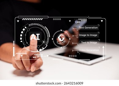 A person interacts with a futuristic digital interface displaying AI-related options like text, image, and video generation over a tablet.