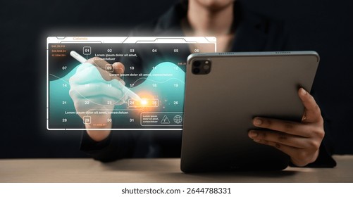 A person interacts with a futuristic digital interface displaying data graphs and charts while holding a tablet, illustrating advanced technology and data analysis.
