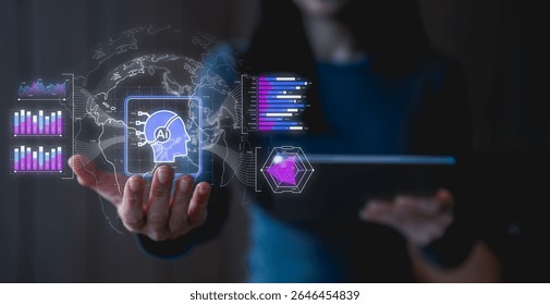 A person interacts with a futuristic digital interface featuring AI, data charts, and a global network map in a dark, tech-driven environment.