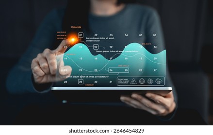 A person interacts with a futuristic transparent tablet displaying dynamic data charts and analytics in a dark tech environment. - Powered by Shutterstock - Get 15% off with code: PIKWIZARD15