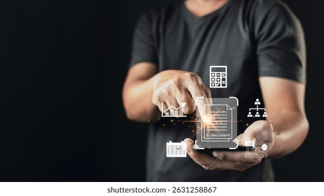 person interacts with a glowing e-document icon on a smartphone, surrounded by digital icons of charts, calendar, people, and calculator, symbolizing smart document management and workflow automation.