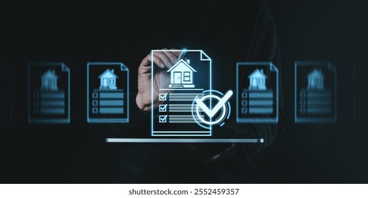 A person interacts with a holographic checklist featuring a house icon. Futuristic digital interface on a dark background, concept of real estate management