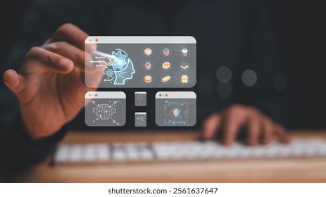 Person interacts with holographic displays featuring AI-related icons and data visualizations, integration of technology in food delivery tasks and enhanced decision-making processes