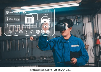 A person interacts with a laptop displaying futuristic eco-friendly digital interface elements, emphasizing sustainability and environmental technology.