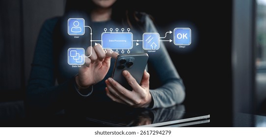A person interacts with a smartphone displaying data processing flow, emphasizing technology and user interface design.