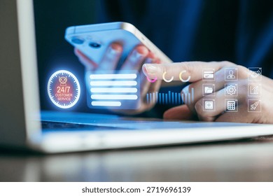 A person interacts with a smartphone while working on a laptop, showcasing advancements in customer service using artificial intelligence. Digital icons represent various service features and support.