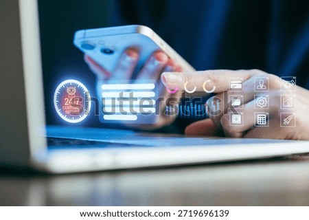 A person interacts with a smartphone while working on a laptop, showcasing advancements in customer service using artificial intelligence. Digital icons represent various service features and support.