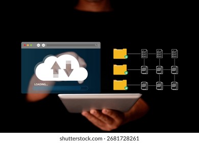 A person interacts with a tablet displaying cloud storage icons, symbolizing data uploading and downloading in a digital environment.