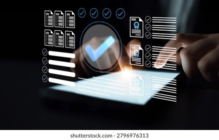 A person interacts with a touchscreen tablet, displaying a digital checkmark overlay, symbolizing fast document approval and efficient workflow in a modern workspace. Gantry