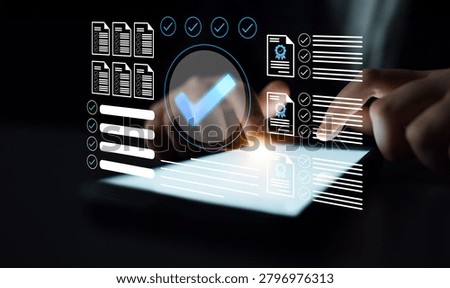 A person interacts with a touchscreen tablet, displaying a digital checkmark overlay, symbolizing fast document approval and efficient workflow in a modern workspace. Gantry