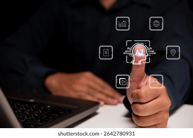 A person interacts with a virtual AI interface using their thumb, surrounded by digital icons representing data, maps, media, and analytics.