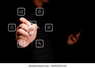 A person interacts with a virtual AI interface displaying various digital icons related to data, search, and technology on a dark background.