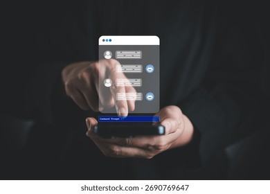 A person interacts with virtual chatbot interface on smartphone, illustrating AI-powered communication, digital assistant technology and natural language processing on mobile devices.