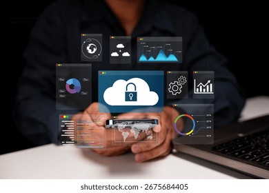 A person interacts with virtual data interfaces focused on cloud technology, analytics, and cybersecurity, showcasing a modern digital workspace.