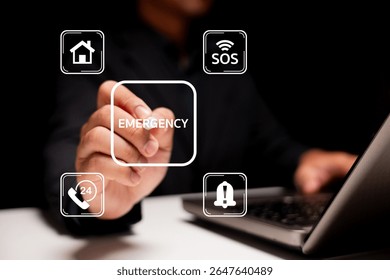 A person interacts with a virtual emergency interface on a laptop, highlighting icons for SOS, home, 24-hour phone, and alert notifications.