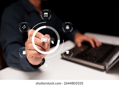 A person interacts with a virtual interface, pressing a 
