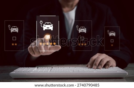 person interacts with virtual interface to rate and choose electric car, using star ratings to evaluate performance, preferences, features. The seamless interface enhances decision-making precision.