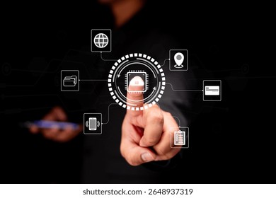 A person interacts with a virtual lock interface surrounded by digital icons, symbolizing cybersecurity and data protection in a digital environment.