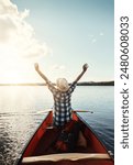 Person, kayaking and back or arms on river, relax and water travel or hobby achievement in boat on holiday with paddle. Adventure, lake and rowing or tourist victory, freedom and outdoor for fitness