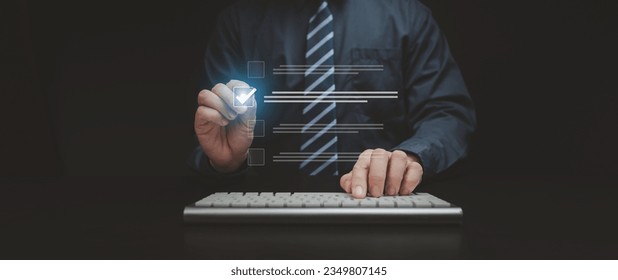 Person with keyboard typing, businessman with hologram check list, technology assisted list checking for accuracy, AI use for list check work. Checklist concept using technology. - Shutterstock ID 2349807145