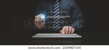 Person with keyboard typing, businessman with hologram check list, technology assisted list checking for accuracy, AI use for list check work. Checklist concept using technology.