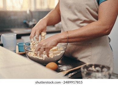 Person, kitchen and hands for baking or dough in bowl, eggs for mixing flour or nutrition. Chef, health and home with vegan dinner or process for diet with wellness, nutritionist with meal prep - Powered by Shutterstock