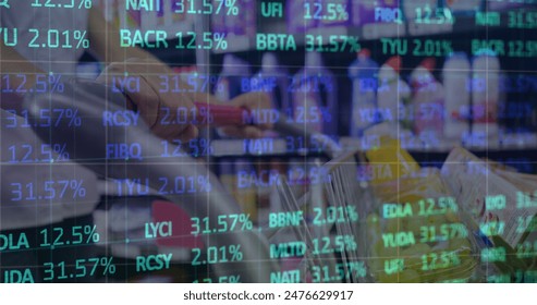 A person with light skin pushing shopping cart in a grocery store aisle. Stock market data overlays scene, blending finance with everyday life in a unique way - Powered by Shutterstock