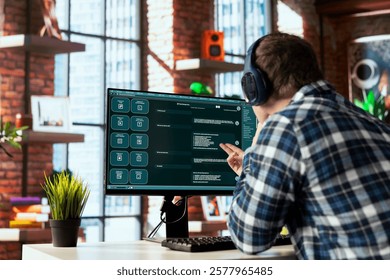 Person listening music uses large language model generative AI chatbot engaging in humanlike interactions. Man wearing headphones solves tasks with artificial intelligence LLM handling user requests
