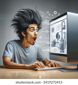 person looking blown away with hair blown back looking at computer by the speed of a website industrial automation themed