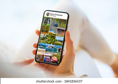 Person Looking At Nature And Landscape Photographs On Mobile Phone