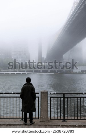 Person looking at the Queensboro Bridge covered in fog 