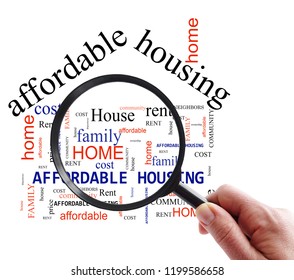 Person With Magnifying Glass And Affordable Housing Word Cloud, On White